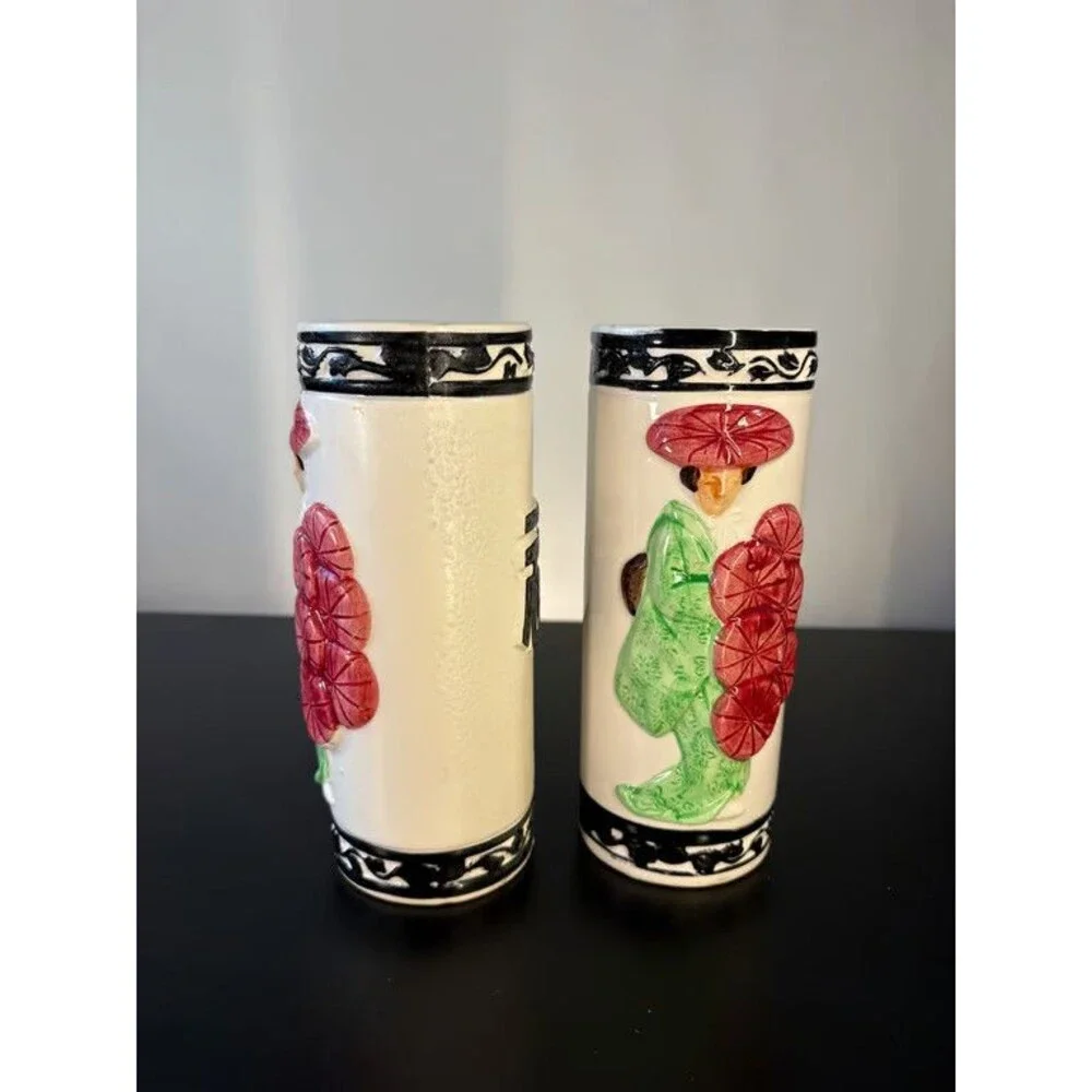 Orchids of Hawaii Tiki Mugs Pair Japan R-98 Geisha Parasol Fuku Character